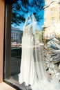 ODESSA, UKRAINE Ã¢â¬â 22 September, 2018: Female mannequin in wedding dress in showcase. Bridal dresses Salon Showcase window Royalty Free Stock Photo